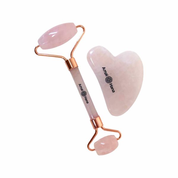 Rodillo de masaje Cuarzo Rosa+ piedra Gua Sha